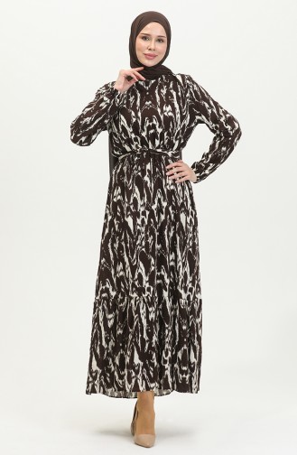 Viscose Patterned Belted Dress 0421-01 Brown 0421-01