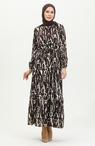 Viscose Patterned Belted Dress 0421-01 Brown 0421-01