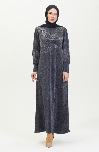 Steinbedrucktes Silbriges Abendkleid 0422-04 Marineblau 0422-04