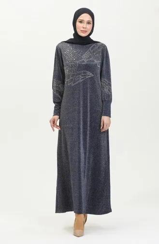 Robe De Soirée Argentée Imprimé Pierre 0422-04 Bleu Marine 0422-04