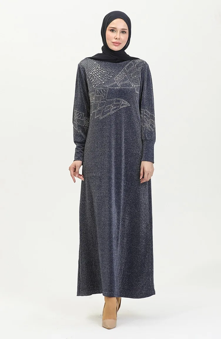 Robe De Soirée Argentée Imprimé Pierre 0422-04 Bleu Marine 0422-04