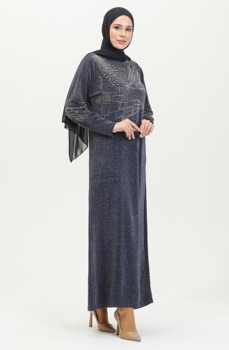 Steinbedrucktes Silbriges Abendkleid 0422-04 Marineblau 0422-04
