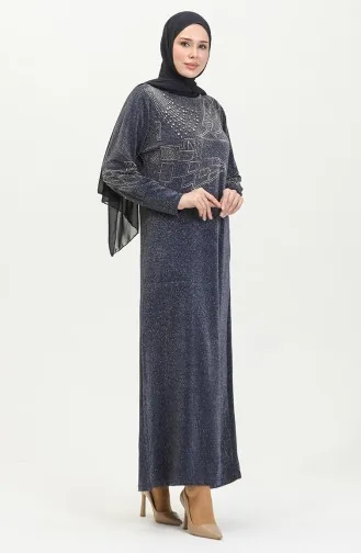 Robe De Soirée Argentée Imprimé Pierre 0422-04 Bleu Marine 0422-04