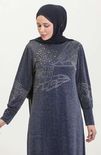 Steinbedrucktes Silbriges Abendkleid 0422-04 Marineblau 0422-04