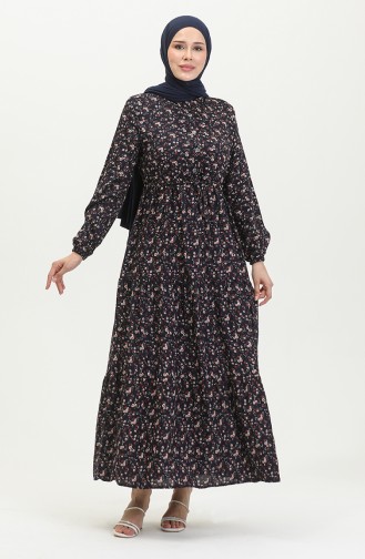 Daisy Pattern Gathered Viscose Dress 0423-05 Navy Blue 0423-05