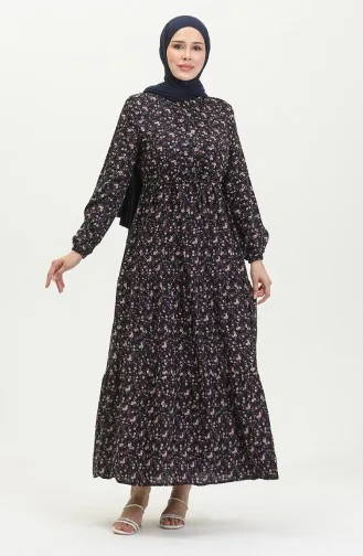 Gerafftes Viskosekleid Mit Gänseblümchenmuster 0423-05 Marineblau 0423-05
