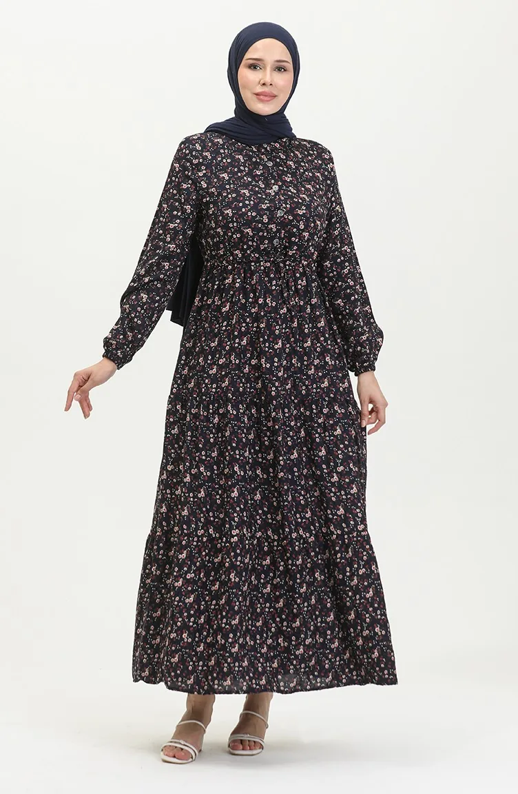 Gerafftes Viskosekleid Mit Gänseblümchenmuster 0423-05 Marineblau 0423-05