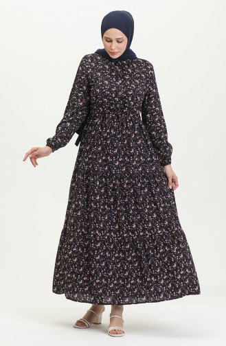 Daisy Pattern Gathered Viscose Dress 0423-05 Navy Blue 0423-05