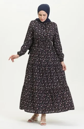Gerafftes Viskosekleid Mit Gänseblümchenmuster 0423-05 Marineblau 0423-05