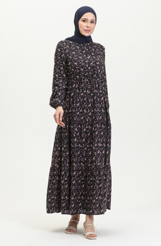 Daisy Pattern Gathered Viscose Dress 0423-05 Navy Blue 0423-05