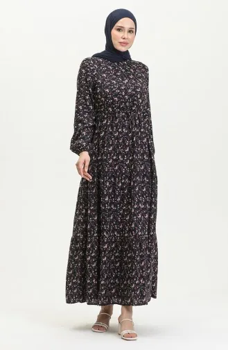 Gerafftes Viskosekleid Mit Gänseblümchenmuster 0423-05 Marineblau 0423-05