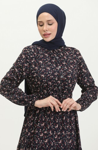 Daisy Pattern Gathered Viscose Dress 0423-05 Navy Blue 0423-05