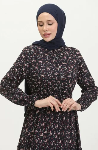Gerafftes Viskosekleid Mit Gänseblümchenmuster 0423-05 Marineblau 0423-05