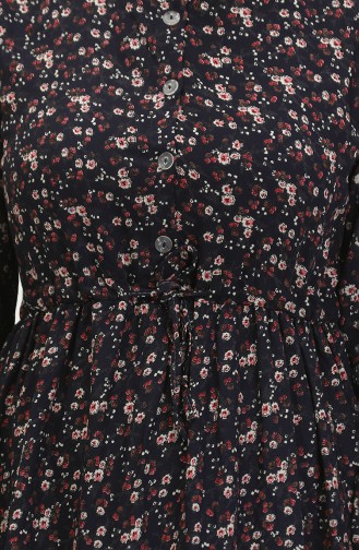 Daisy Pattern Gathered Viscose Dress 0423-05 Navy Blue 0423-05