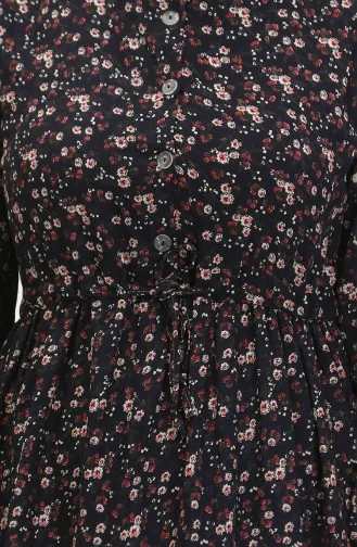 Gerafftes Viskosekleid Mit Gänseblümchenmuster 0423-05 Marineblau 0423-05