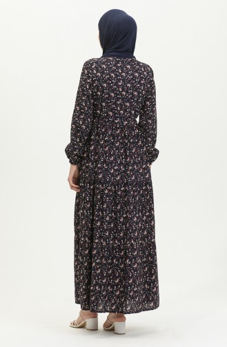 Daisy Pattern Gathered Viscose Dress 0423-05 Navy Blue 0423-05