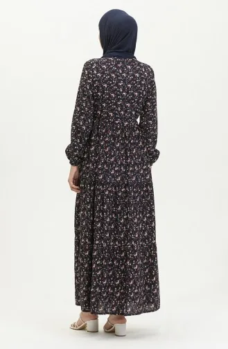 Gerafftes Viskosekleid Mit Gänseblümchenmuster 0423-05 Marineblau 0423-05