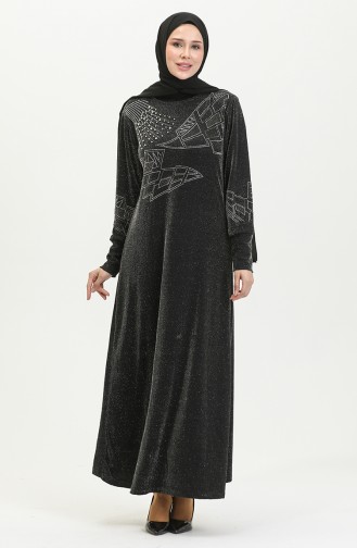 Silbernes Abendkleid Mit Steindruck 0422-07 Schwarz 0422-07
