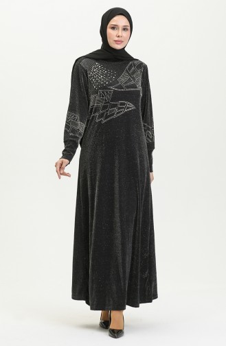 Silbernes Abendkleid Mit Steindruck 0422-07 Schwarz 0422-07
