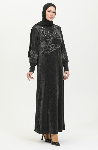 Silbernes Abendkleid Mit Steindruck 0422-07 Schwarz 0422-07