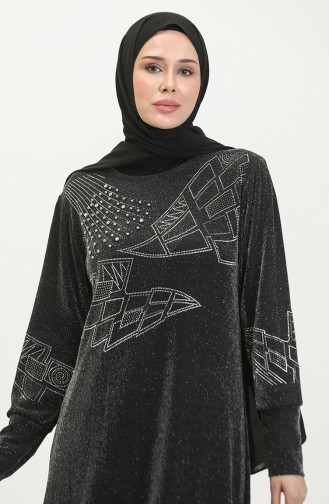 Silbernes Abendkleid Mit Steindruck 0422-07 Schwarz 0422-07