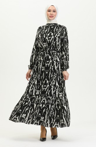 Robe Viscose à Motifs Et Ceinturée 0421-03 Noir 0421-03
