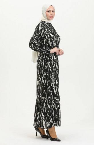 Robe Viscose à Motifs Et Ceinturée 0421-03 Noir 0421-03