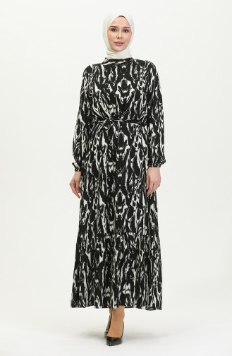 Robe Viscose à Motifs Et Ceinturée 0421-03 Noir 0421-03
