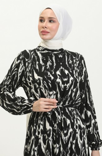 Robe Viscose à Motifs Et Ceinturée 0421-03 Noir 0421-03