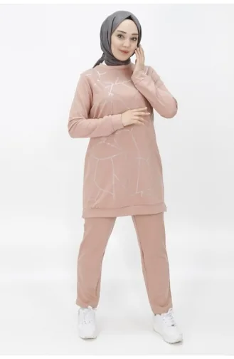 Taş Şerit Detayli İkili Takim 70047-02 Pudra