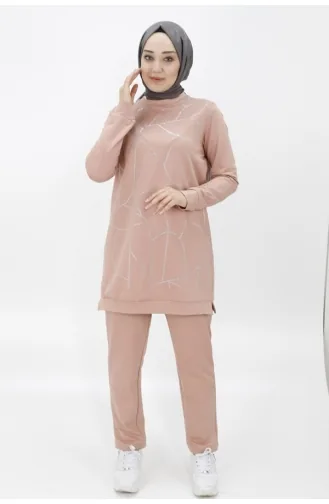 Taş Şerit Detayli İkili Takim 70047-02 Pudra