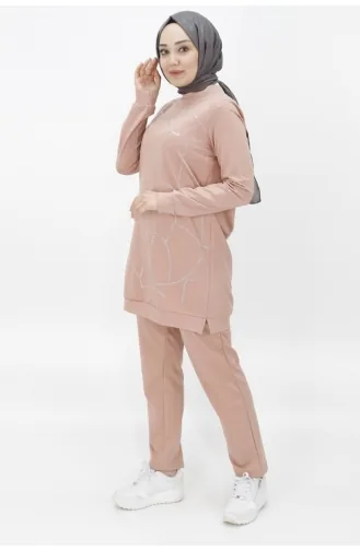 Taş Şerit Detayli İkili Takim 70047-02 Pudra