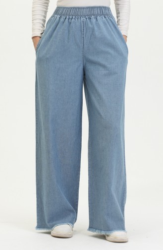 Beli Lastikli Bol Paça Kot Pantolon 5264-03 Açık Mavi