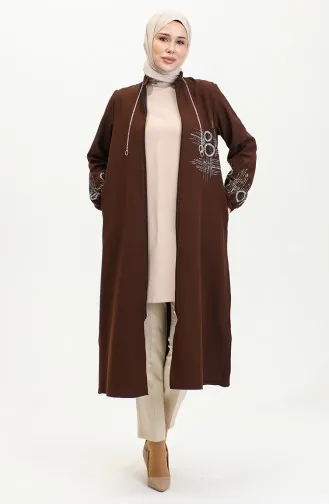 Stone Printed Zippered Abaya 0411-03 Brown 0411-03