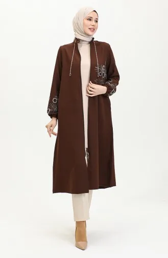 Stone Printed Zippered Abaya 0411-03 Brown 0411-03