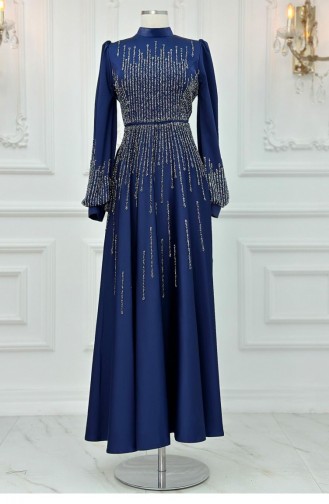Amine Hüma Şimal Hijab Abendkleid Marineblau 3223