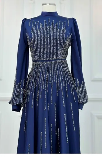 Amine Hüma Şimal Hijab Abendkleid Marineblau 3223