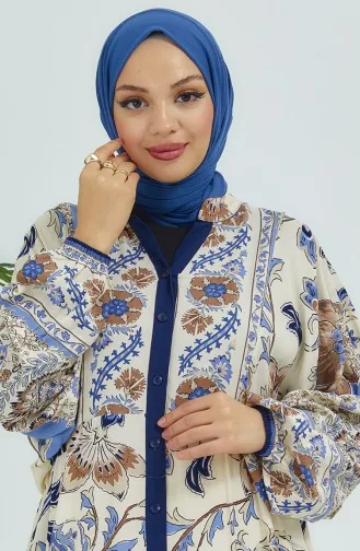 Balon Kol Çiçekli Elbise 4092-05 Lacivert