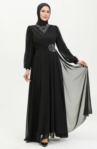 Stone Printed Evening Dress 52882-02 Black 52882-02