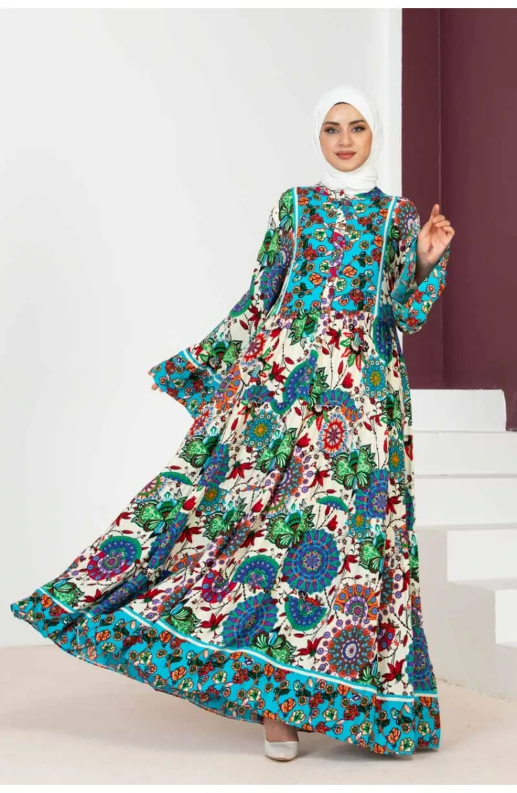 Robe Hijab Manches Larges 7113-04 Bleu 7113-04