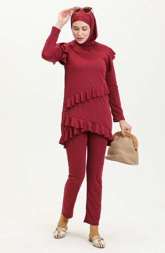 Maillot De Bain Hijab Manches Longues Froufrous 2208-02 Rouge Claret 2208-02