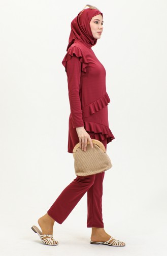 Maillot De Bain Hijab Manches Longues Froufrous 2208-02 Rouge Claret 2208-02