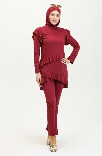 Fırfırlı Uzun Kol Tesettür Mayo 2208-02 Bordo