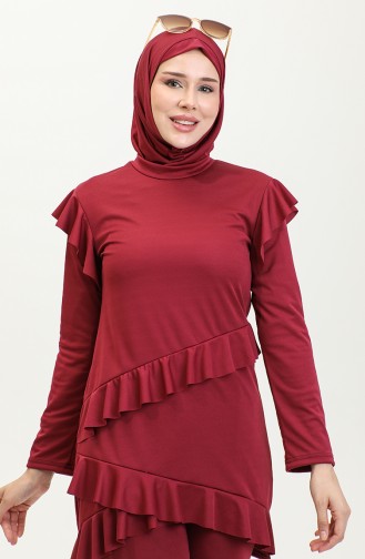 Maillot De Bain Hijab Manches Longues Froufrous 2208-02 Rouge Claret 2208-02