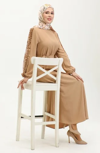 Kolları Fırfırlı Düz Elbise 2002-04 Vizon