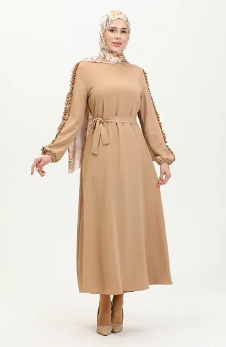 Kolları Fırfırlı Düz Elbise 2002-04 Vizon