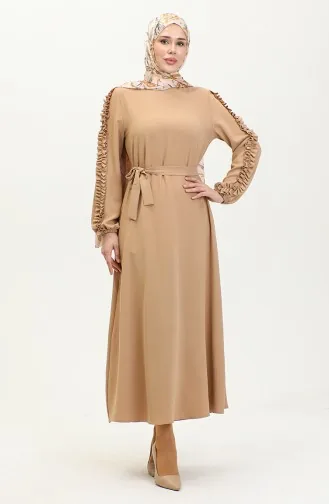 Kolları Fırfırlı Düz Elbise 2002-04 Vizon