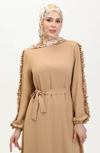 Kolları Fırfırlı Düz Elbise 2002-04 Vizon