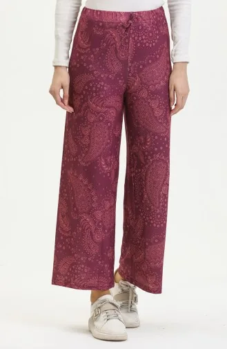 Elastic Waist Patterned Wide-Leg Pants 8734-01 Mulberry 8734-01