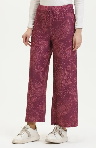 Elastic Waist Patterned Wide-Leg Pants 8734-01 Mulberry 8734-01